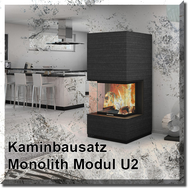 Ambientebild des Kaminbausatzes U2 von Monolith auf Mamorplatte
