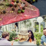 Collage mit einem gewürzten rohen Steak und einem Ambientebild einer Grillparty unter Freunden
