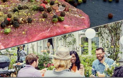 Collage mit einem gewürzten rohen Steak und einem Ambientebild einer Grillparty unter Freunden