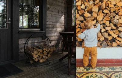 Kind greift zum gelagerten Holz