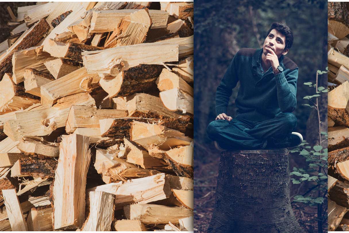 Mann überlegt wie er Holz trocknet