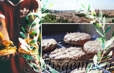 Collage mit einem Fußballfan der Cheeseburger hält, einem Panorama der Stadt Verona und brutzelnden Burgerpatties