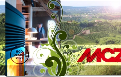Collage mit einem Landschaftsbild von Treviso, dem Pelletofen Ego und dem Logo von MCZ