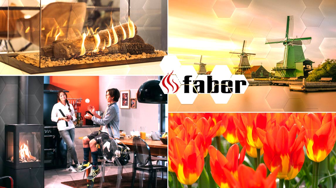 Collage aus typisch niederländischen Ambientebildern und Gaskaminen des Ofenherstellers Faber