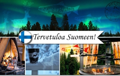 Finnische Postkarte mit Aurora Borealis, 2x Flammlachszubereitung und einer finnischen Merchandise-Tasse im Schnee