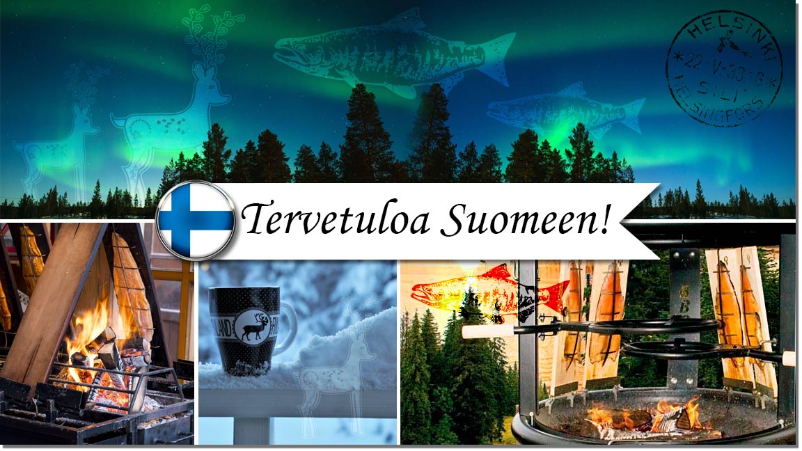 Finnische Postkarte mit Aurora Borealis, 2x Flammlachszubereitung und einer finnischen Merchandise-Tasse im Schnee