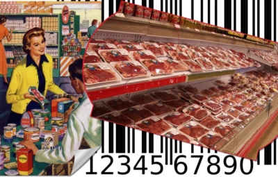 Collage mit einem Retro-Werbeplakat, einem Barcode und einem Edikett mit einer Discounter-Fleischtheke