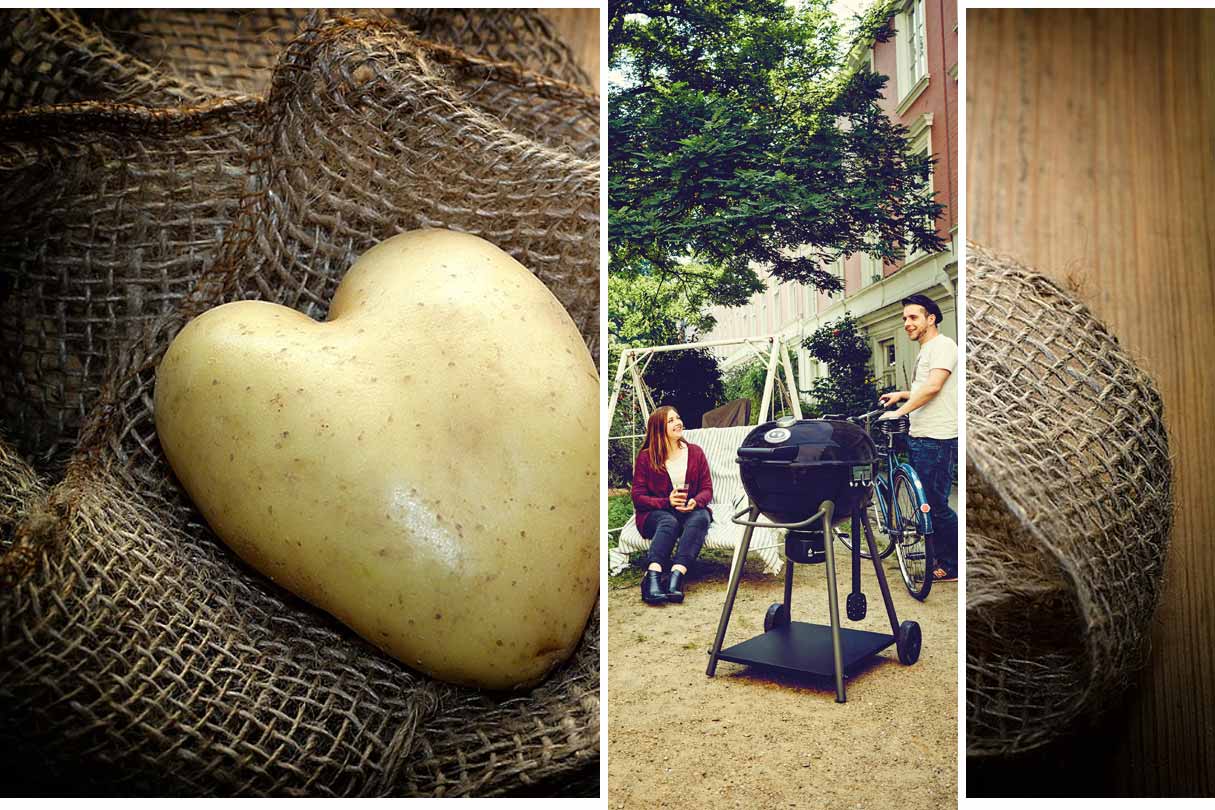 Collage Kartoffel in Herzform und Grillambiente im Hinterhof