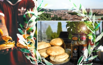 Collage mit einem Fußballfan der Cheeseburger hält, einem Panorama der Stadt Verona und den fertig gebackenen Hamburgerbrötchen
