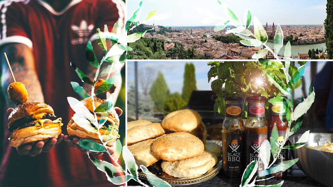 Collage mit einem Fußballfan der Cheeseburger hält, einem Panorama der Stadt Verona und den fertig gebackenen Hamburgerbrötchen