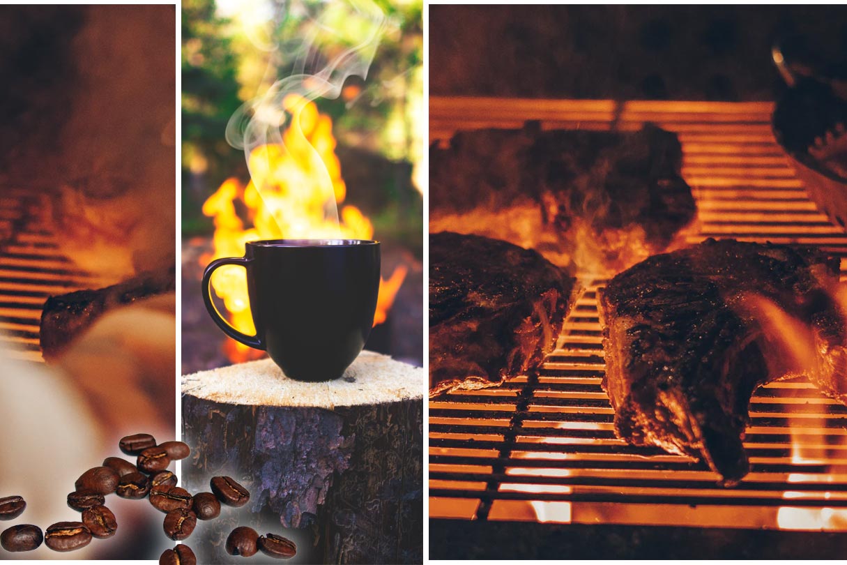 Collage grillende Steaks und Kaffeetasse vor Lagerfeuer