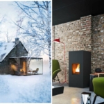 Haus im Winter und Nahaufbahme eines Pelletofens, angeschlossen an einem gemauerten Schornsteins