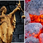 Collage aus Justizia, glühenden Briketts und schwarzer Holzkohle
