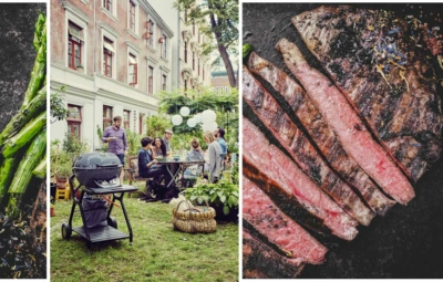 Collage Grillparty im Hinterhof und perfektes Steak
