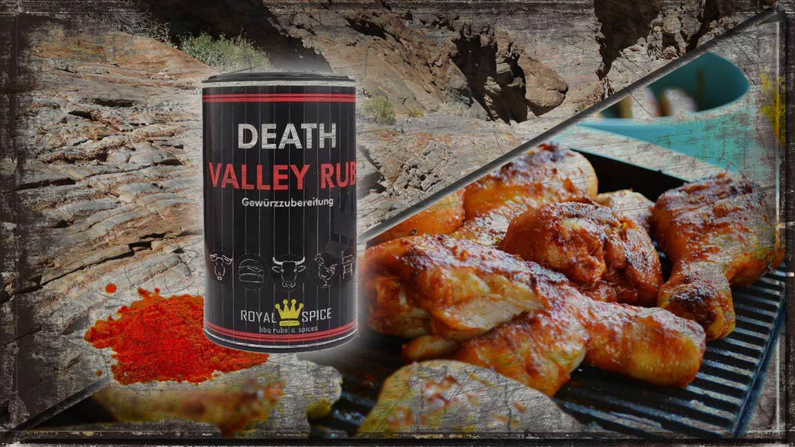 Collage mit einem Panorama des Death Valley, dem Rub-Spender und grillender Hähnchenschenkel