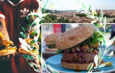 Collage mit einem Fußballfan der Cheeseburger hält, einem Panorama der Stadt Verona und einen sauber belegten mediterranen Cheeseburger