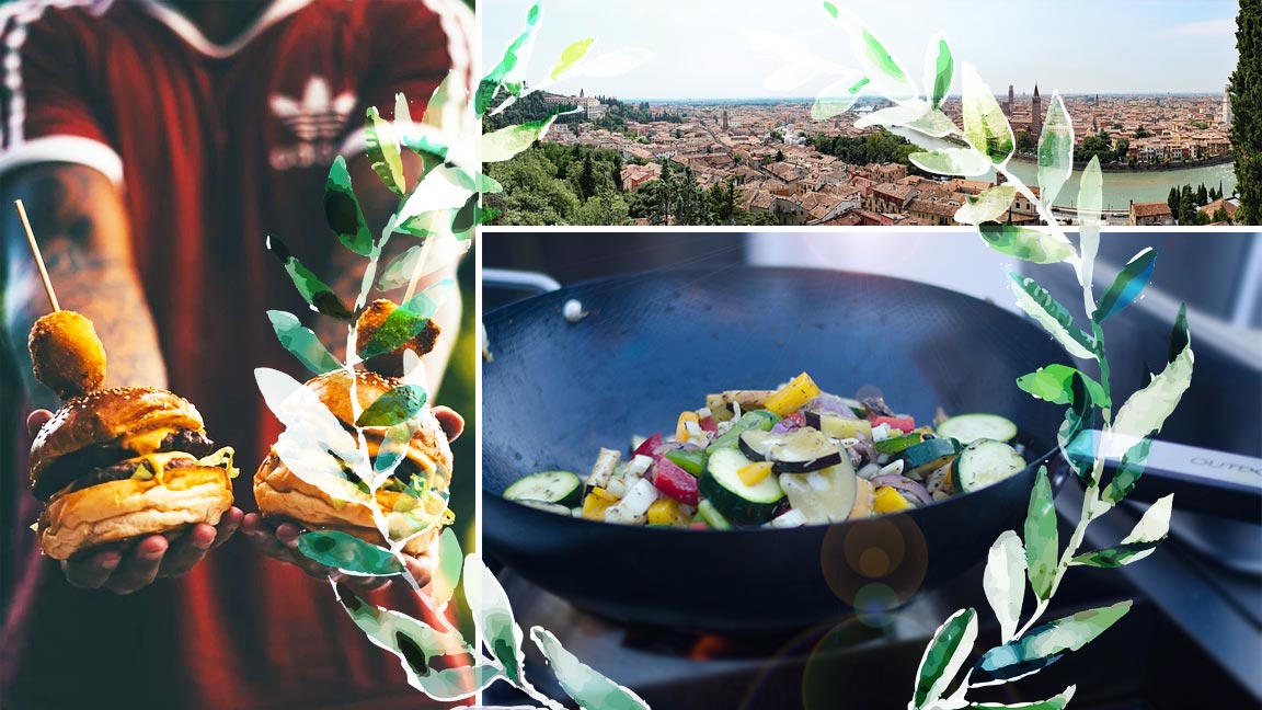 Collage mit einem Fußballfan der Cheeseburger hält, einem Panorama der Stadt Verona und dem im Wok bratenen Gemüse