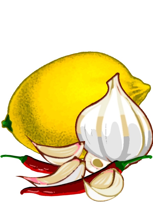 Illustration einer Zitrone, Knoblauchzehe und 2 Chilis