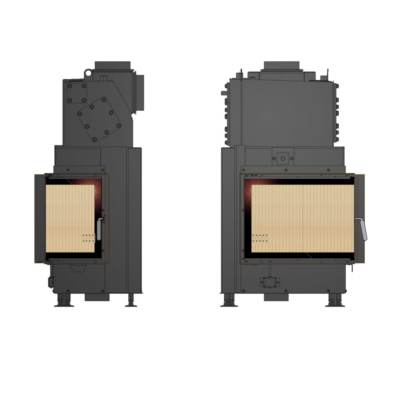 Kamineinsatz wasserführend Brunner Kamin-Kessel Eck 42/57/30 rechts, Drehtür & Anbaurahmen 50 mm 8 kW