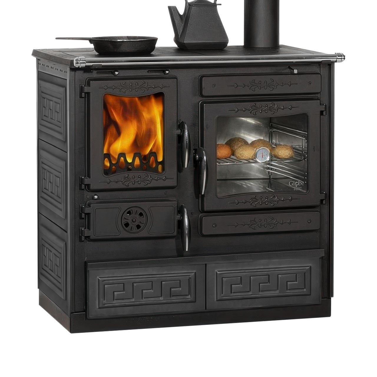 Holzherd Globe Fire Alhena Guss 6,6 kW - Ausführung: Backofen Rechts, Korpus Schwarz