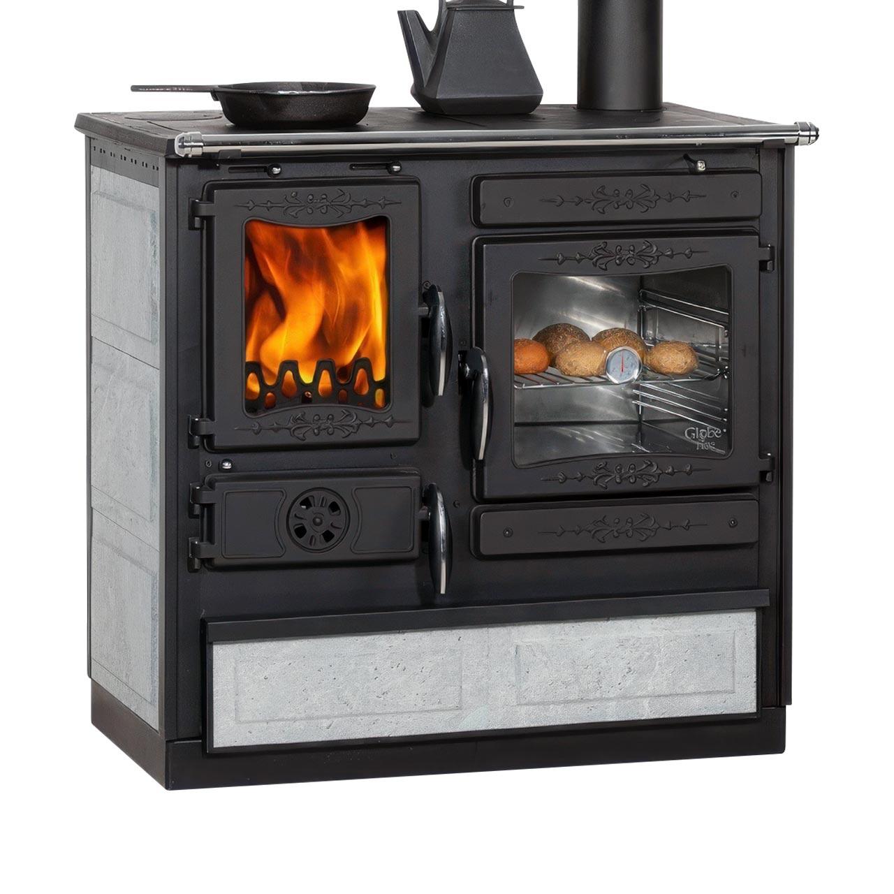 Holzherd Globe Fire Alhena Rechts 6,6 kW - Ausführung: Naturstein Serpentin