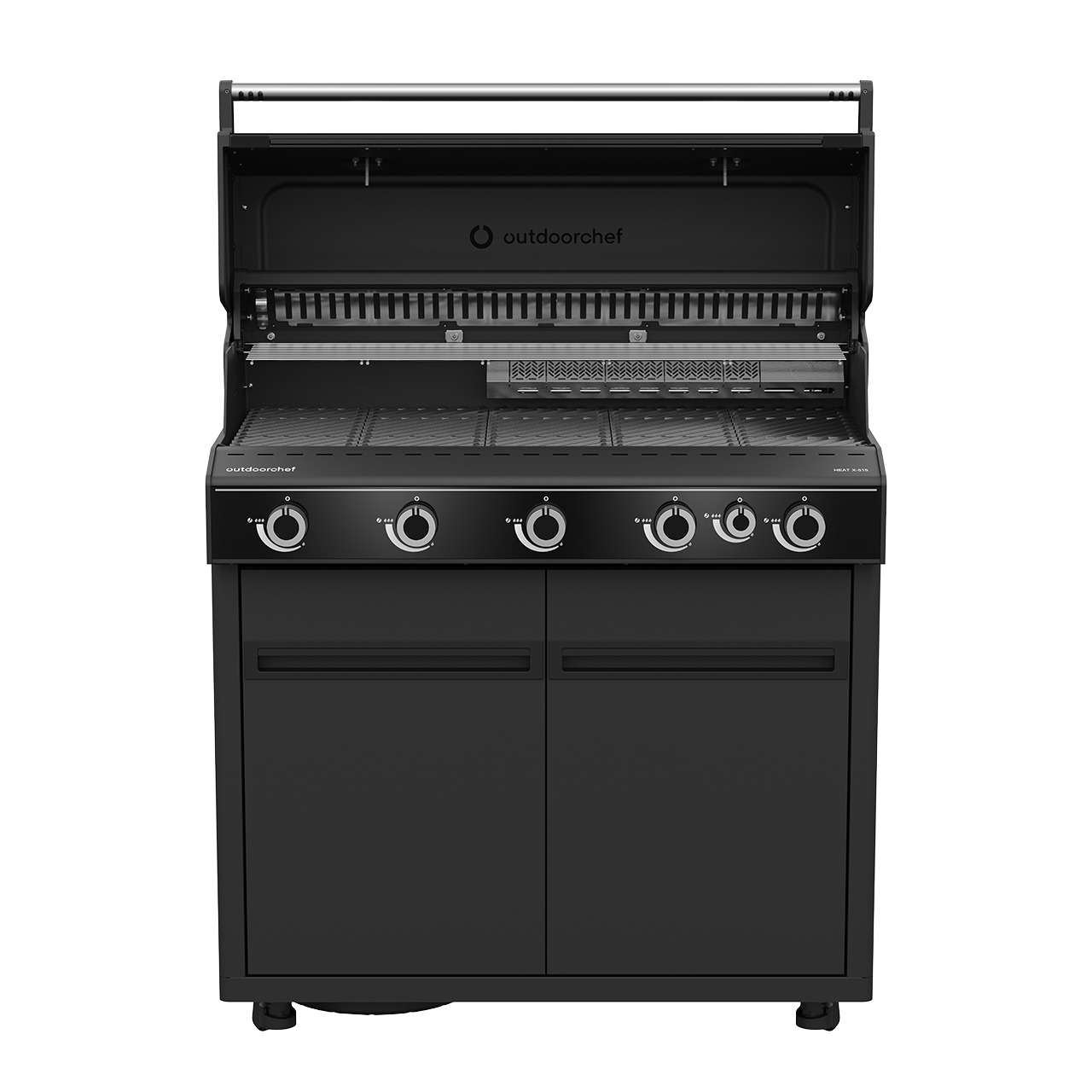 Geöffneter Garraum des Outdoorchef Heat X-515 RB K mit Gusseisenrosten