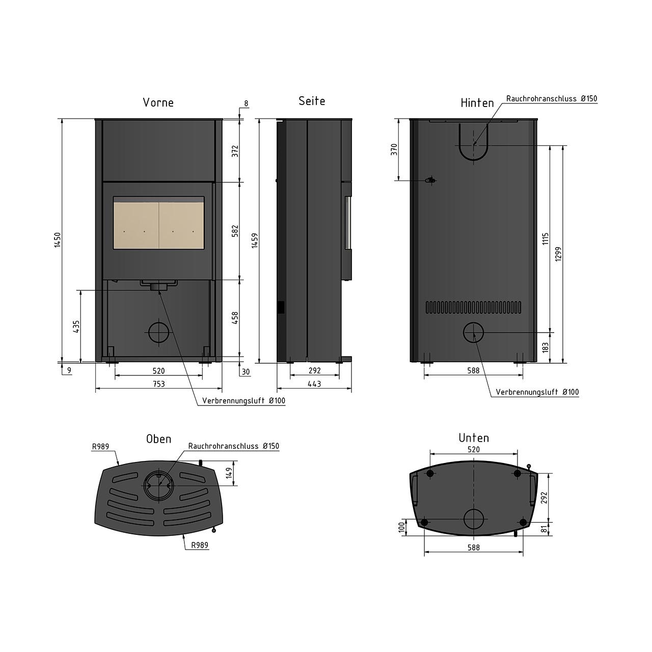 Kaminofen Cera Design Genius mit 7 kW - Verkleidung: Stahl Schwarz - Holzfach: offen