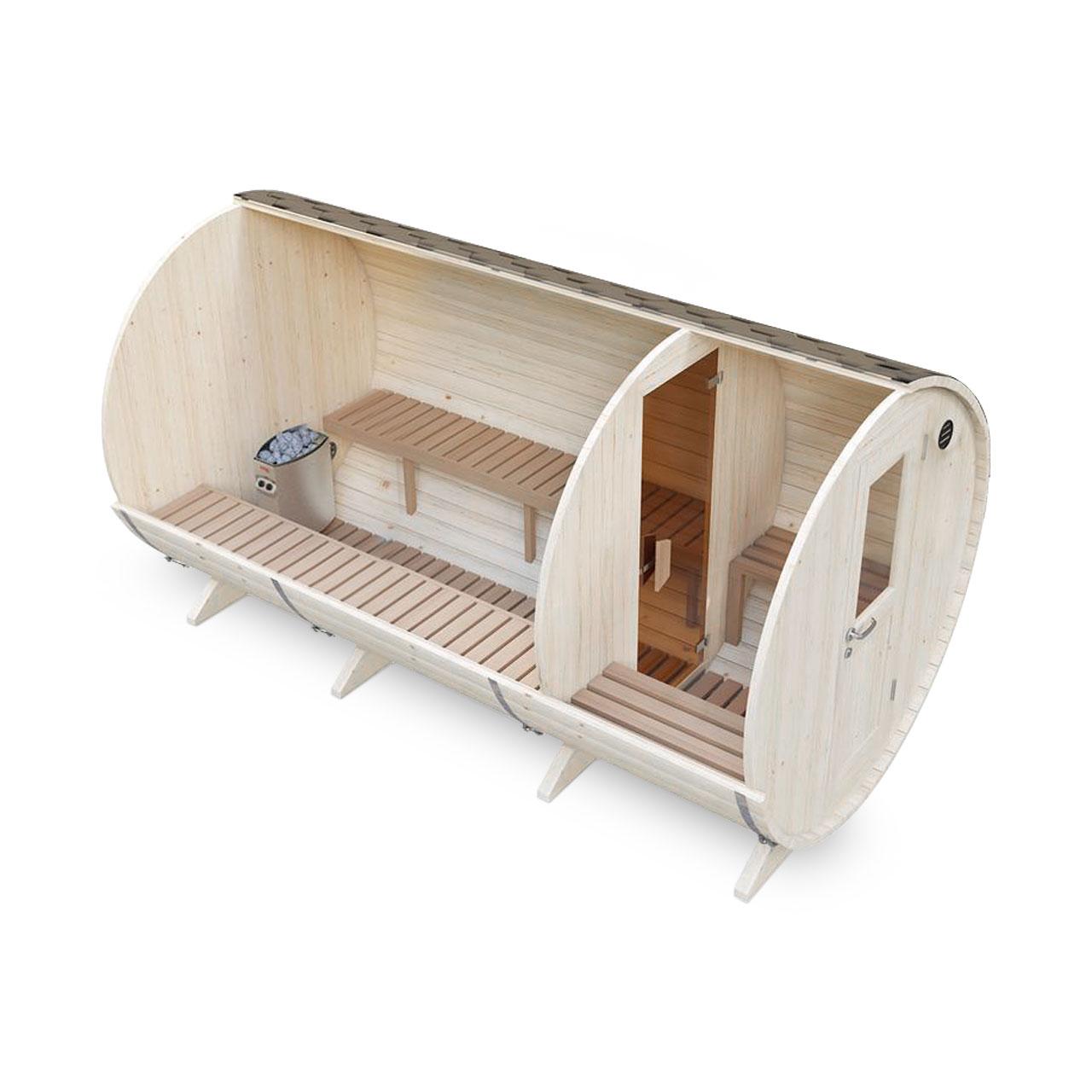 Gartensauna Ofen.de S4P Saunafass 4 m mit Vorraum - Ausführung: Ø 2m mit Elektroofen 6 kW - Holz: Fichte