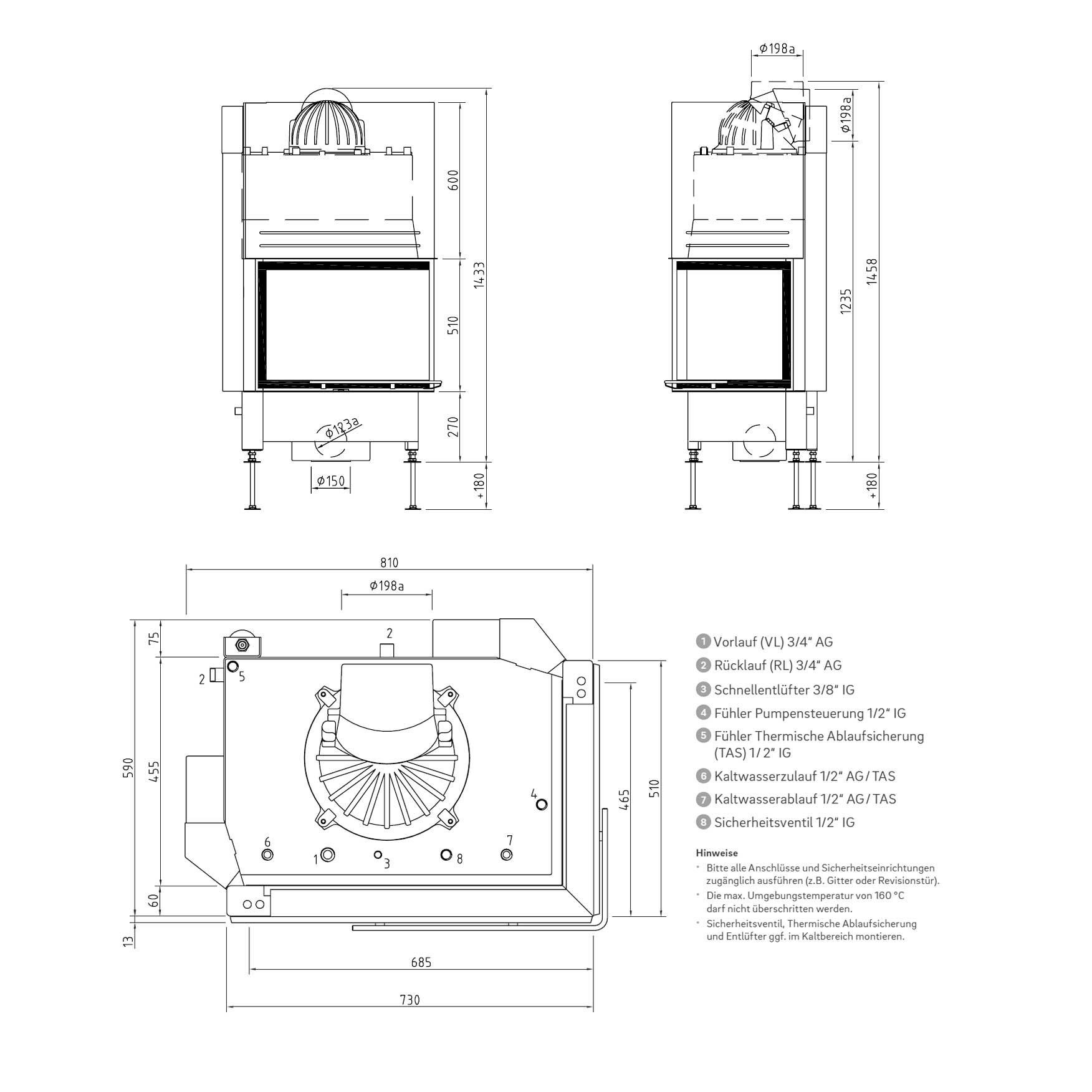 Eck-Kamineinsatz wasserführend Schmid Ekko W R 67(45)51 h mit 14,9 kW - Brennraumauskleidung: weiß - modulares Blendrahmensystem: nein