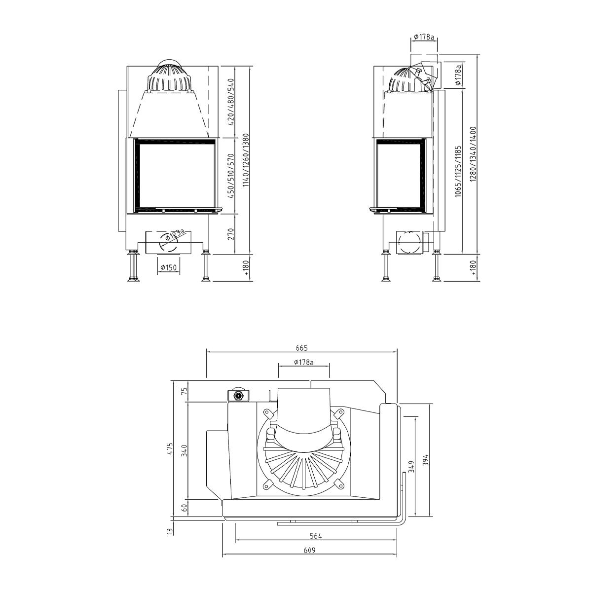 Eck-Kamineinsatz Schmid Ekko R 55(34) h mit 5 kW - Türhöhe: 51 cm - Brennraumauskleidung: Schamotte Anthrazit - modulares Blendrahmensystem: nein