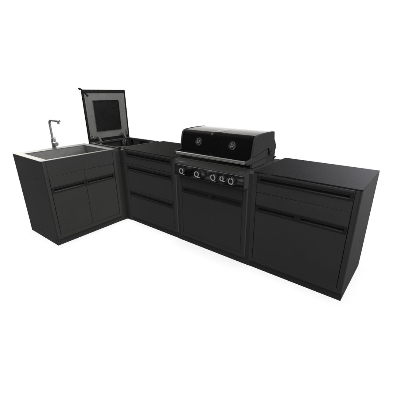 Outdoorküche Outdoorchef Heat X-415 L-Form inkl. Spüle, 3-Schubladenmodul, Schrankmodul & Eckmodul - Arbeitsplatte: Granit