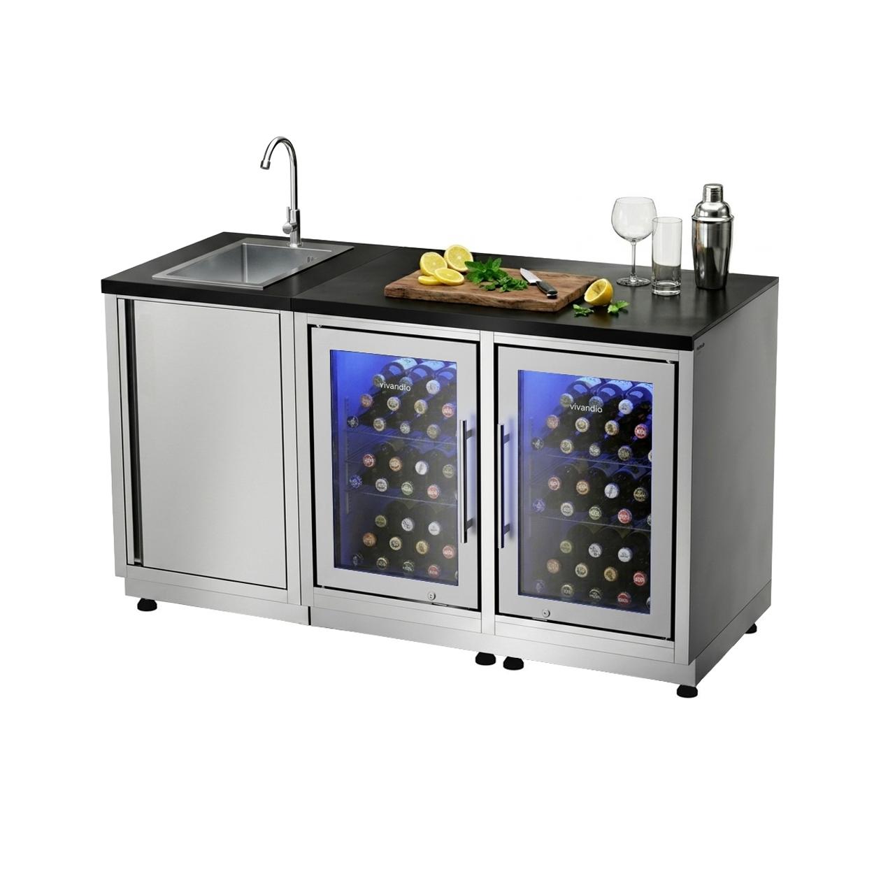 Outdoorküche vivandio quub / Outdoor Aperitivo-Station mit Doppelkühlschrank und Spüle - Ausführung: silber - Mobilität: mit Stellfüßen