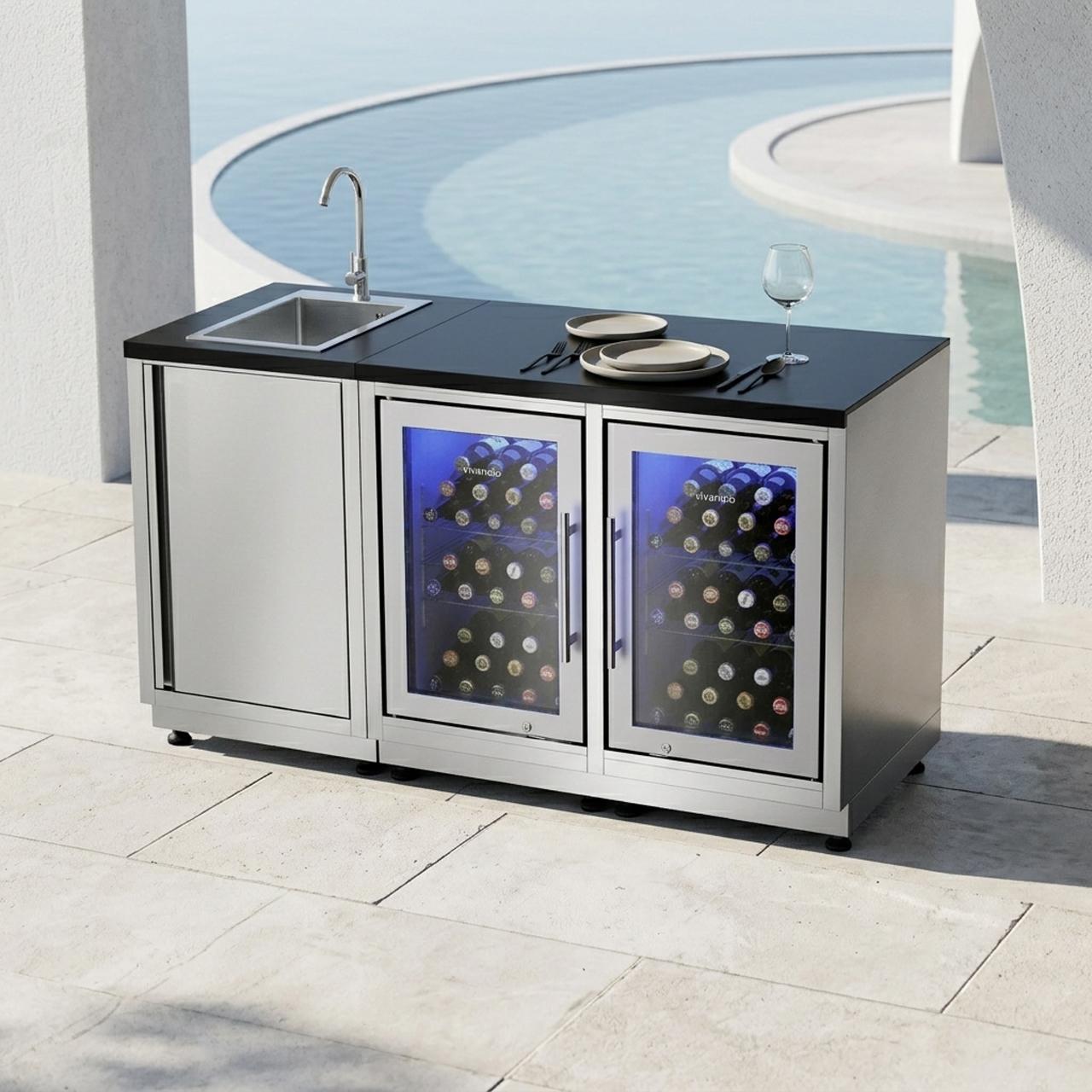 Outdoorküche vivandio quub / Outdoor Aperitivo-Station mit Doppelkühlschrank und Spüle - Ausführung: silber - Mobilität: mit Stellfüßen