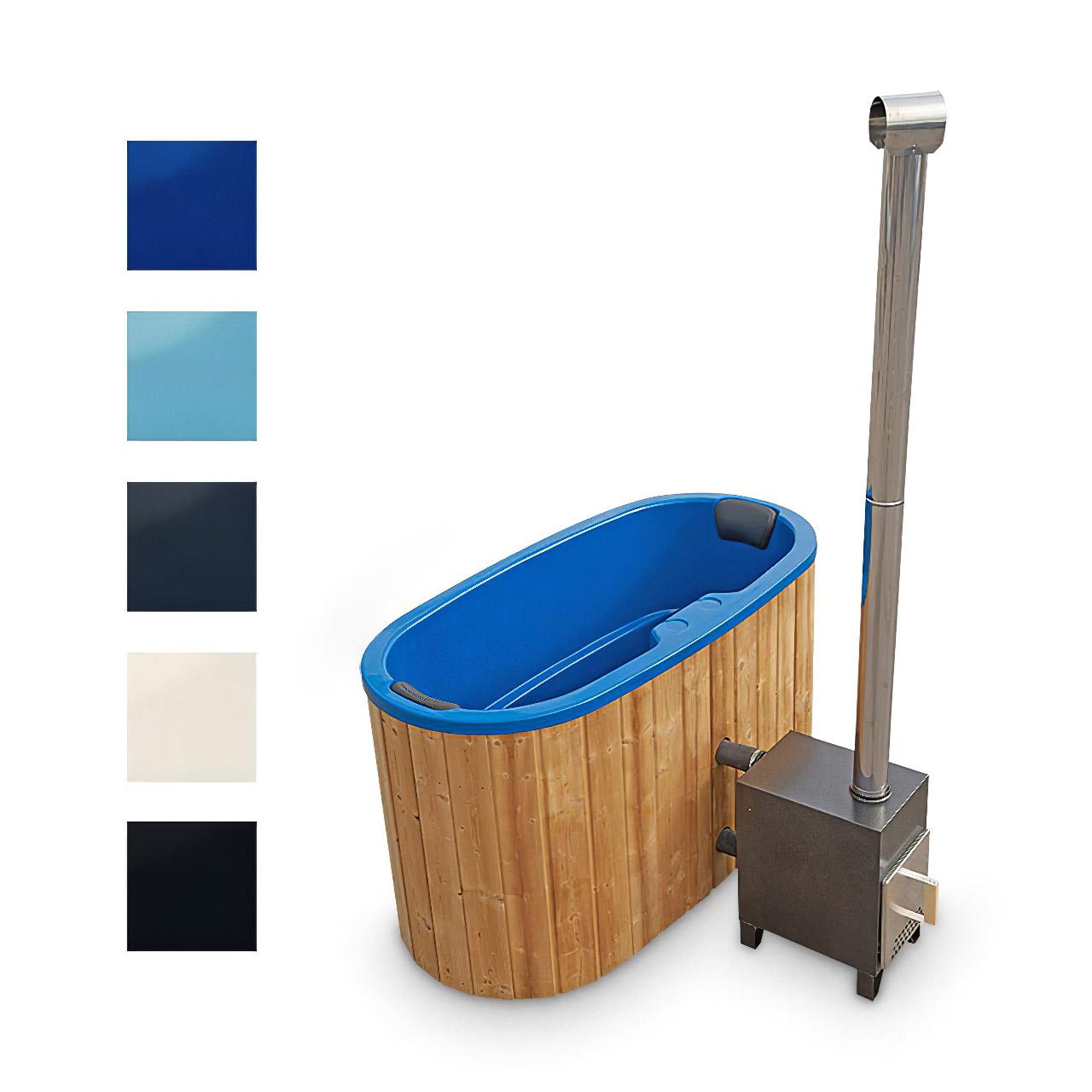 Hot Tub AA-Kaminwelt Badefass Oval mit Kunststoffeinsatz 1,85 x 0,95 m - Ausführung: RAL 5010 - Ofen: Aluminium 27 kW