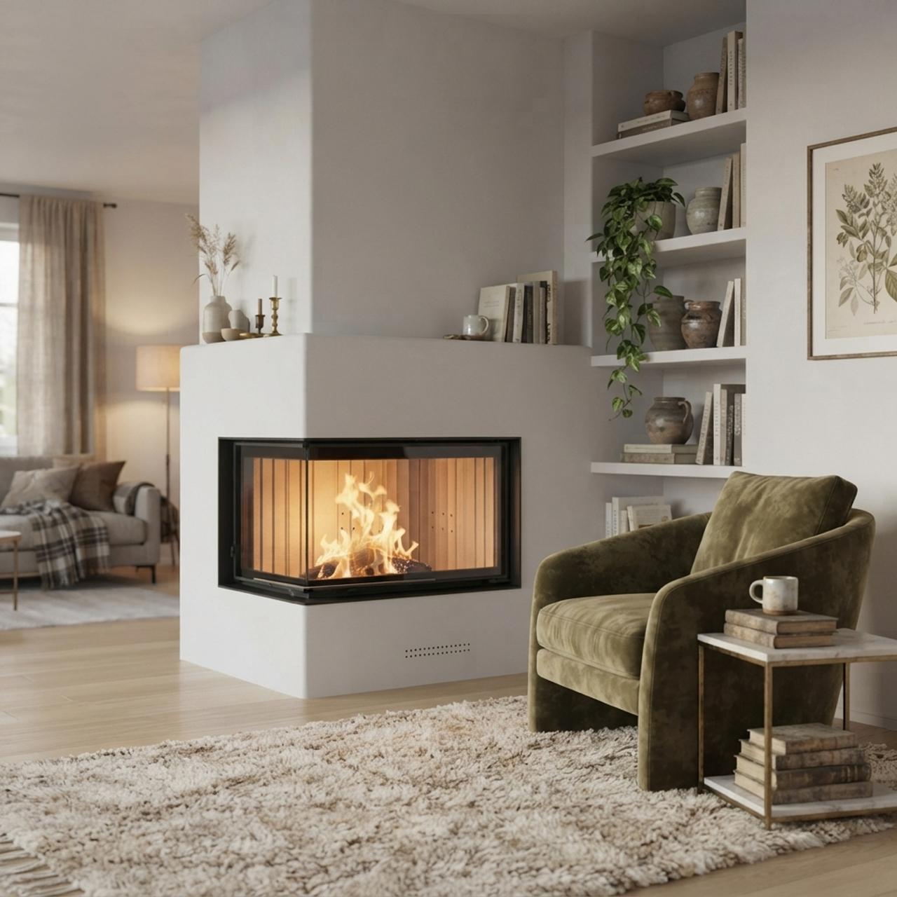 Kamineinsatz wasserführend Brunner Kamin-Kessel Eck 45/67/44 S04.2 links, Schiebetür 12 kW - Kessel-Ausführung: Glaskeramik (GK) - Ausführung: Anbaurahmen, schwarz 50 mm