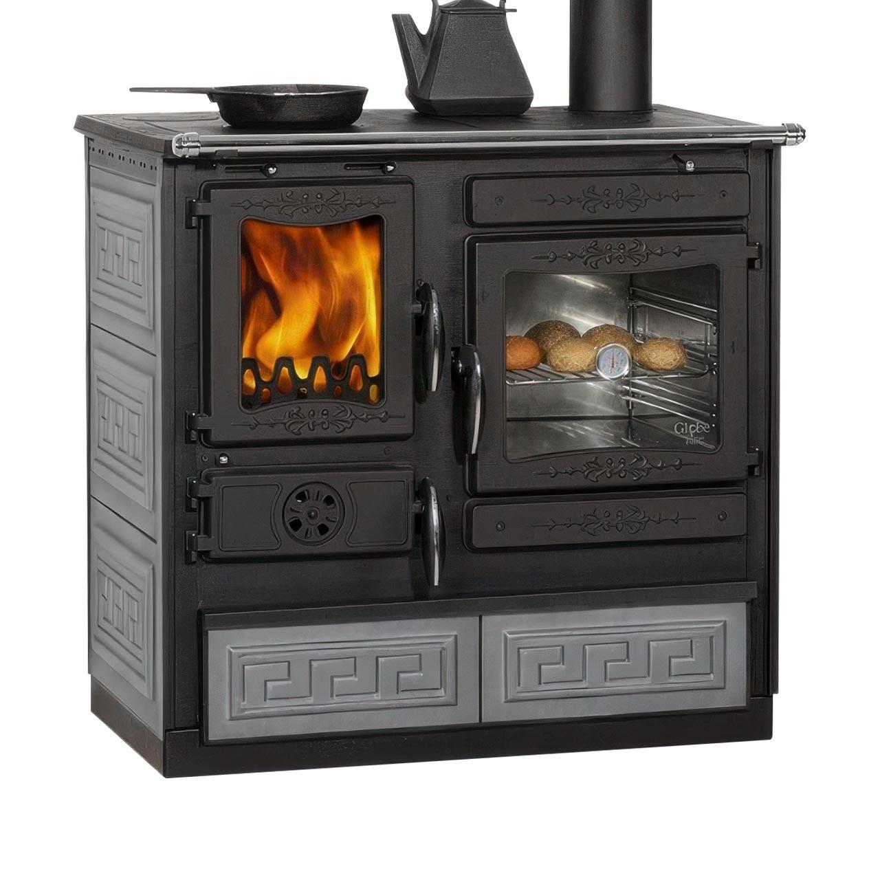Holzherd Globe Fire Alhena Guss 6,6 kW - Ausführung: Backofen Rechts, Korpus Grau