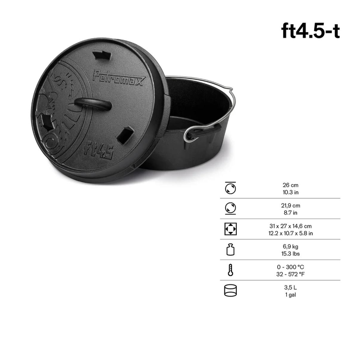 Petromax Feuertopf ft4.5 Set inkl. Deckelheber, Schaber & Pflegepaste - Dutch Oven: mit planem Boden