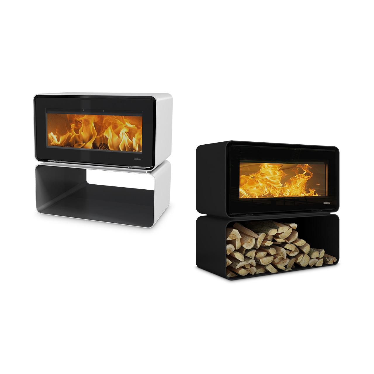 Kaminofen Lotus Living Cube, 7 kW mit Brennholzsockel