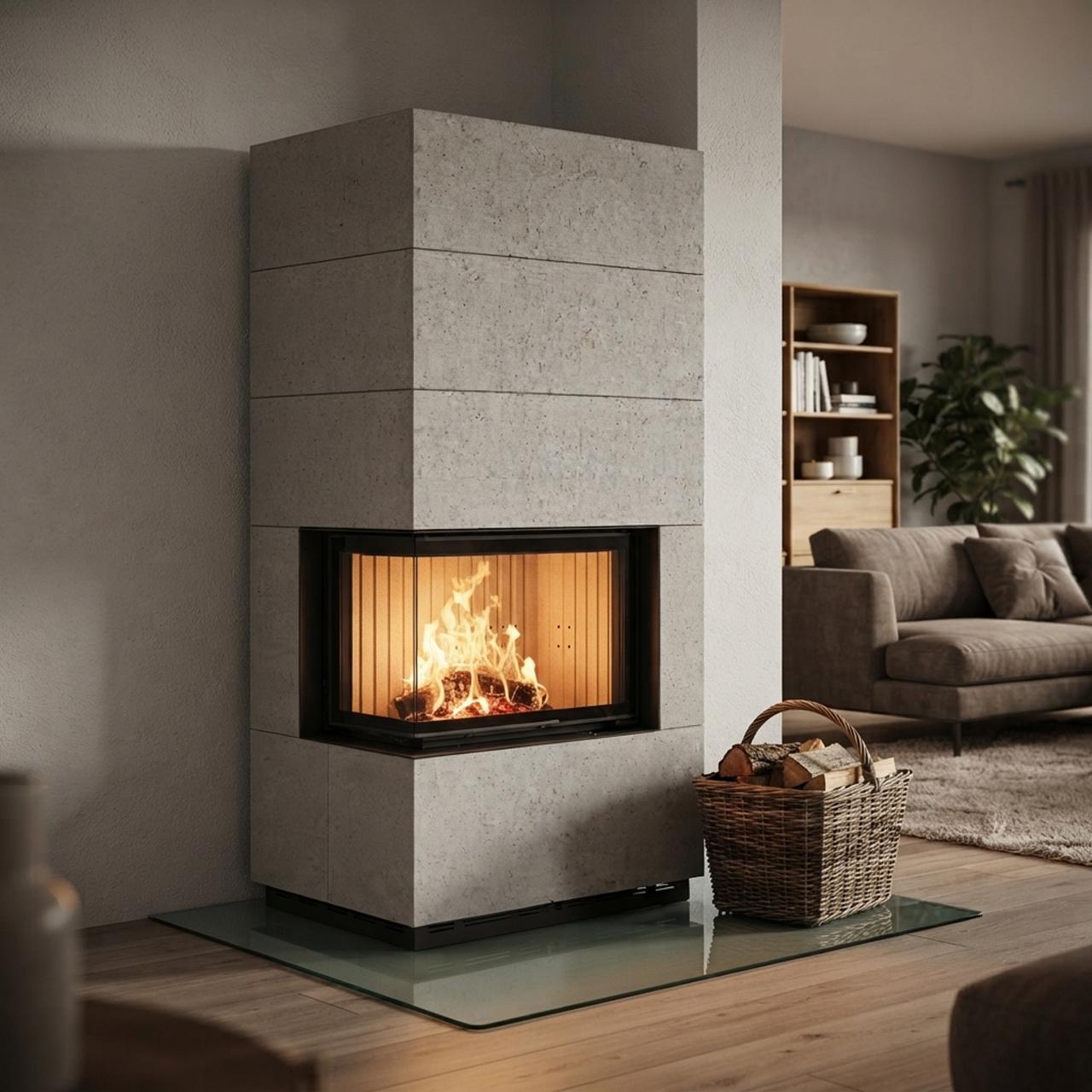 Kaminbausatz Brunner wasserführend BSK 02.1 Kamin-Kessel Eck 45/67/44 links, Schiebetür 12 kW - Kessel-Ausführung: Glaskeramik (GK)