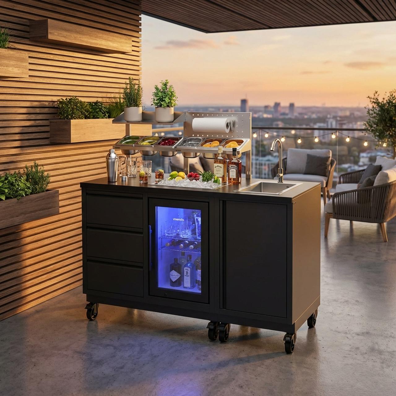 Outdoorküche vivandio quub / Outdoor Cocktailstation mit Kühlschrank und Spüle - Ausführung: schwarz - Mobilität: mit Stellfüßen