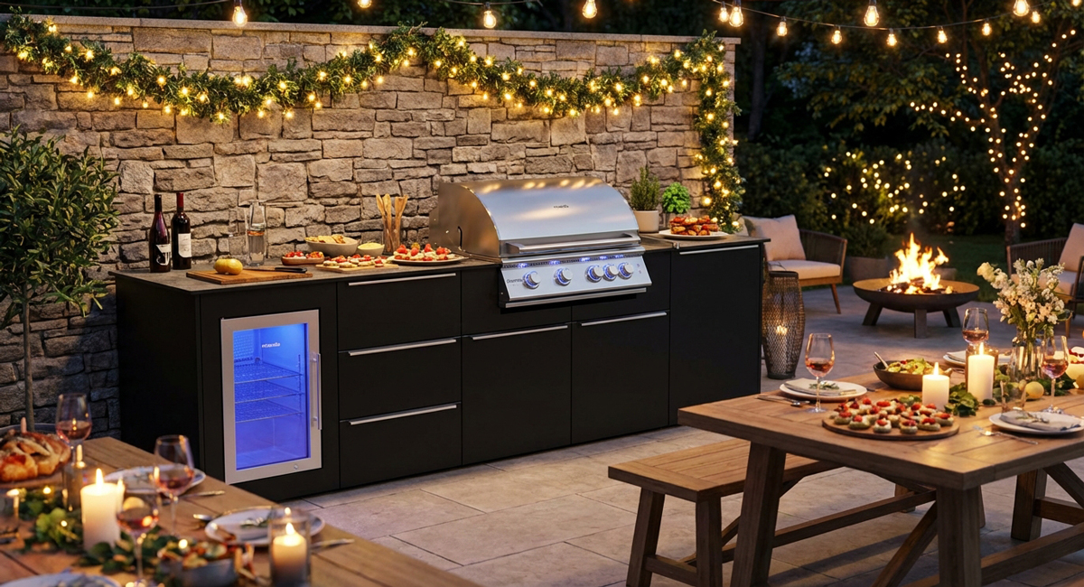 Das Bild dient lediglich der Veranschaulichung und zeigt eine Beispielkonfiguration der vivandio elements Outdoorküche Florenz
