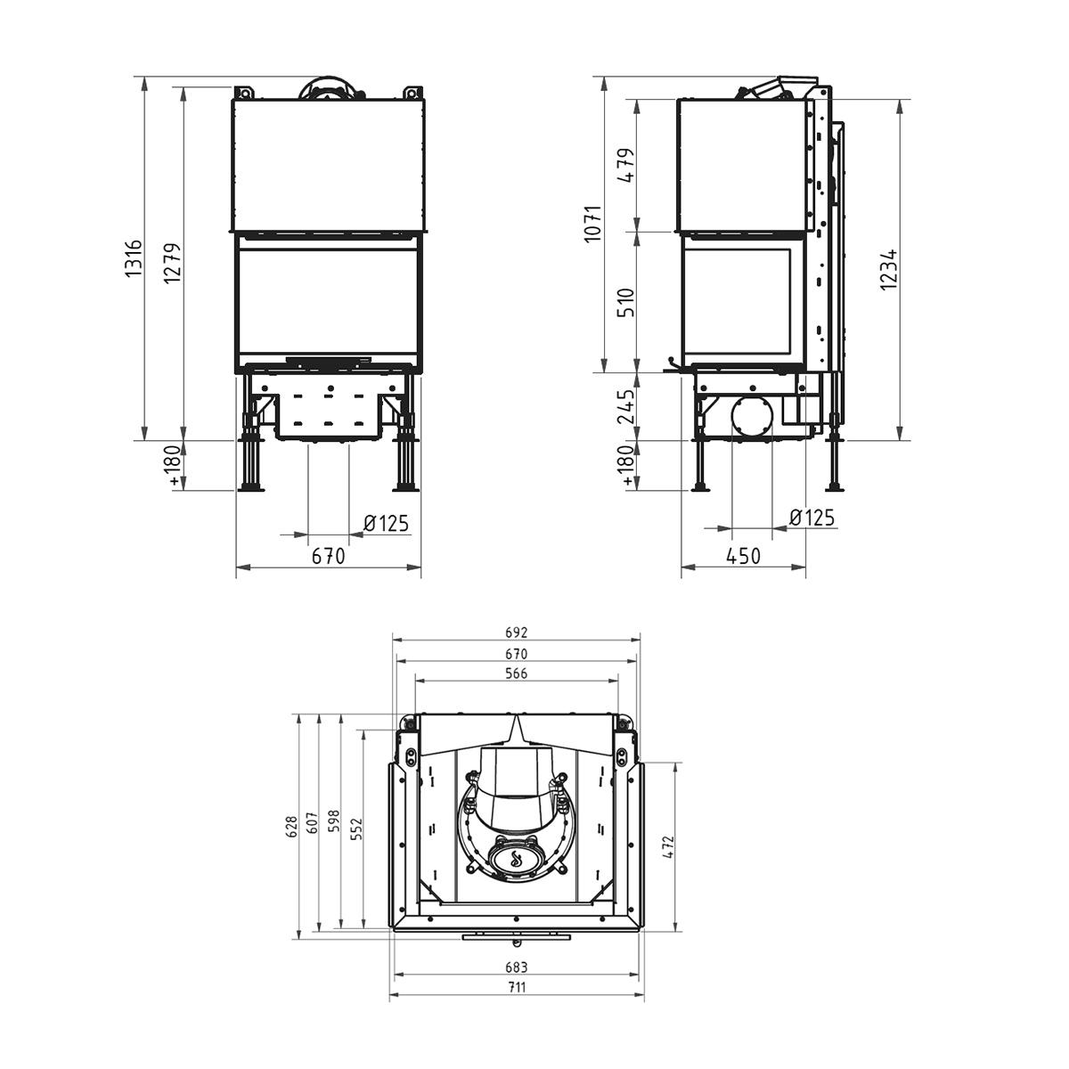 Kamineinsatz Schmid Ekko U 67(45) h evo mit 9 kW - Türhöhe: 51 cm - Brennraumauskleidung: Schamotte Weiß - modulares Blendrahmensystem: nein