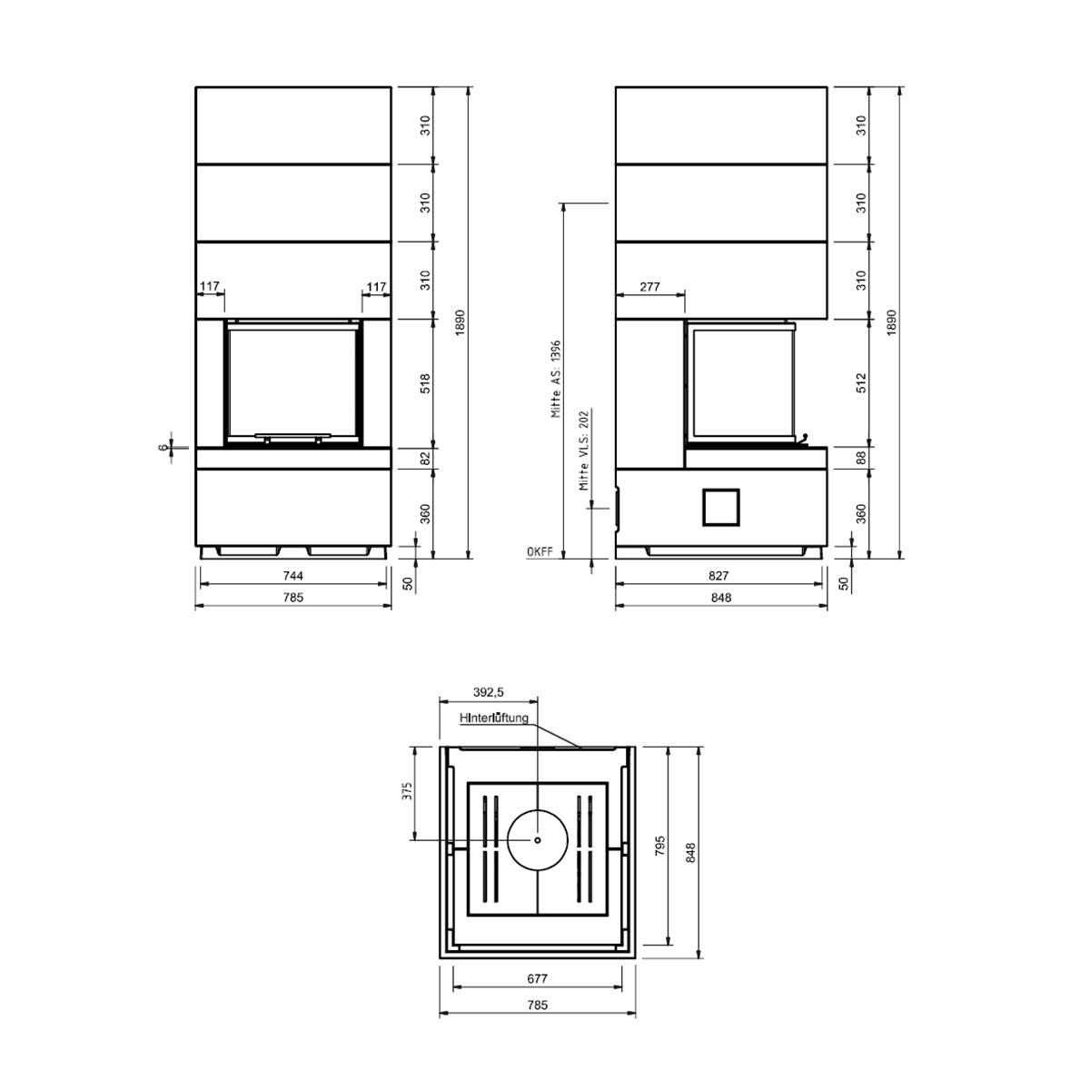 Kaminbausatz Camina S15 mit 9 kW - Ausführung Kaminbausatz: Beton natur - Feuerraumauskleidung: Schamotte weiß