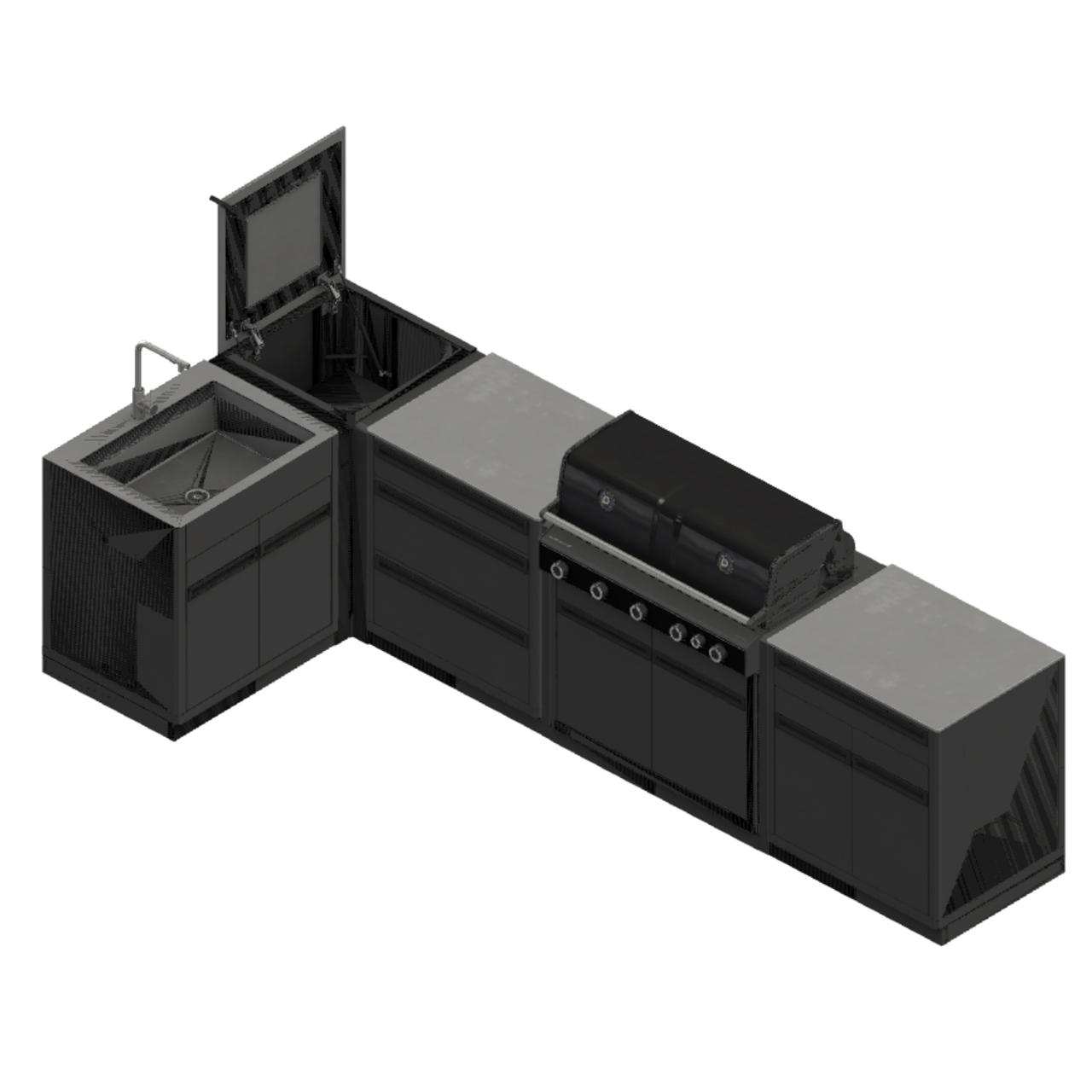 Outdoorküche Outdoorchef Heat X-515 L-Form inkl. Spüle, 3-Schubladenmodul, Schrankmodul & Eckmodul - Arbeitsplatte: Granit