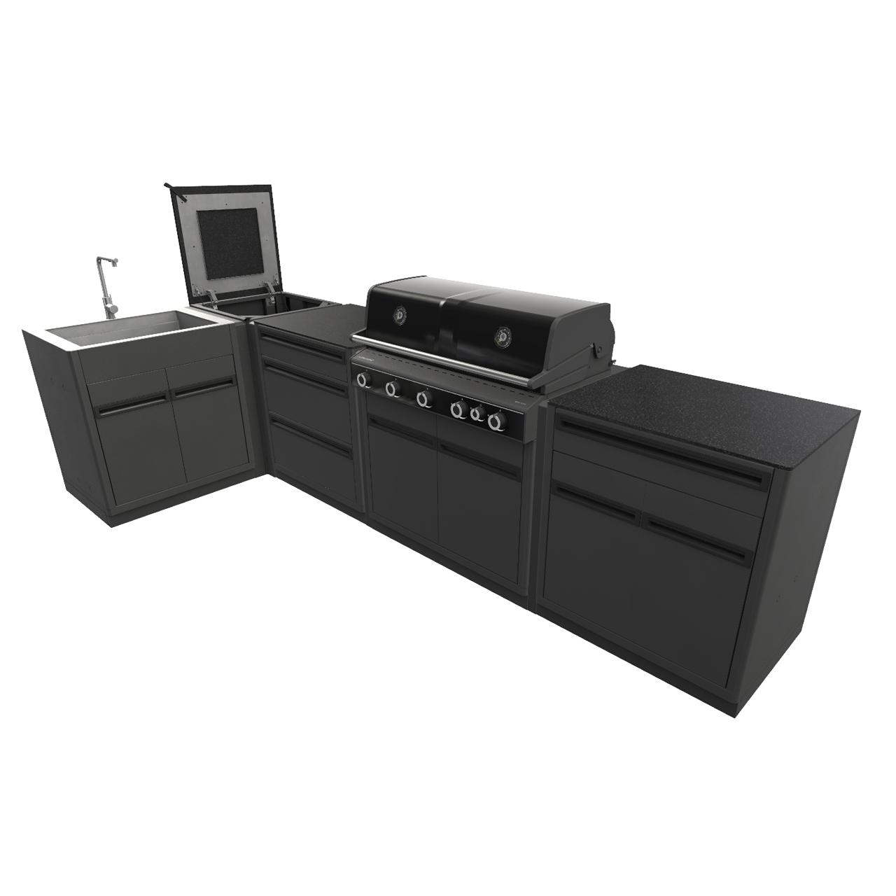 Outdoorküche Outdoorchef Heat X-515 L-Form inkl. Spüle, 3-Schubladenmodul, Schrankmodul & Eckmodul - Arbeitsplatte: Granit