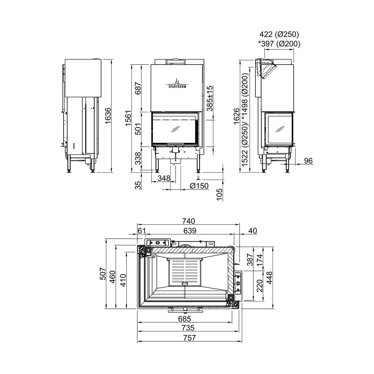 Kamineinsatz Spartherm Varia 2L-68h, L-Form-Kamin 9,6 kW - Ausführung:  Abgasanschluss Ø 250 mm