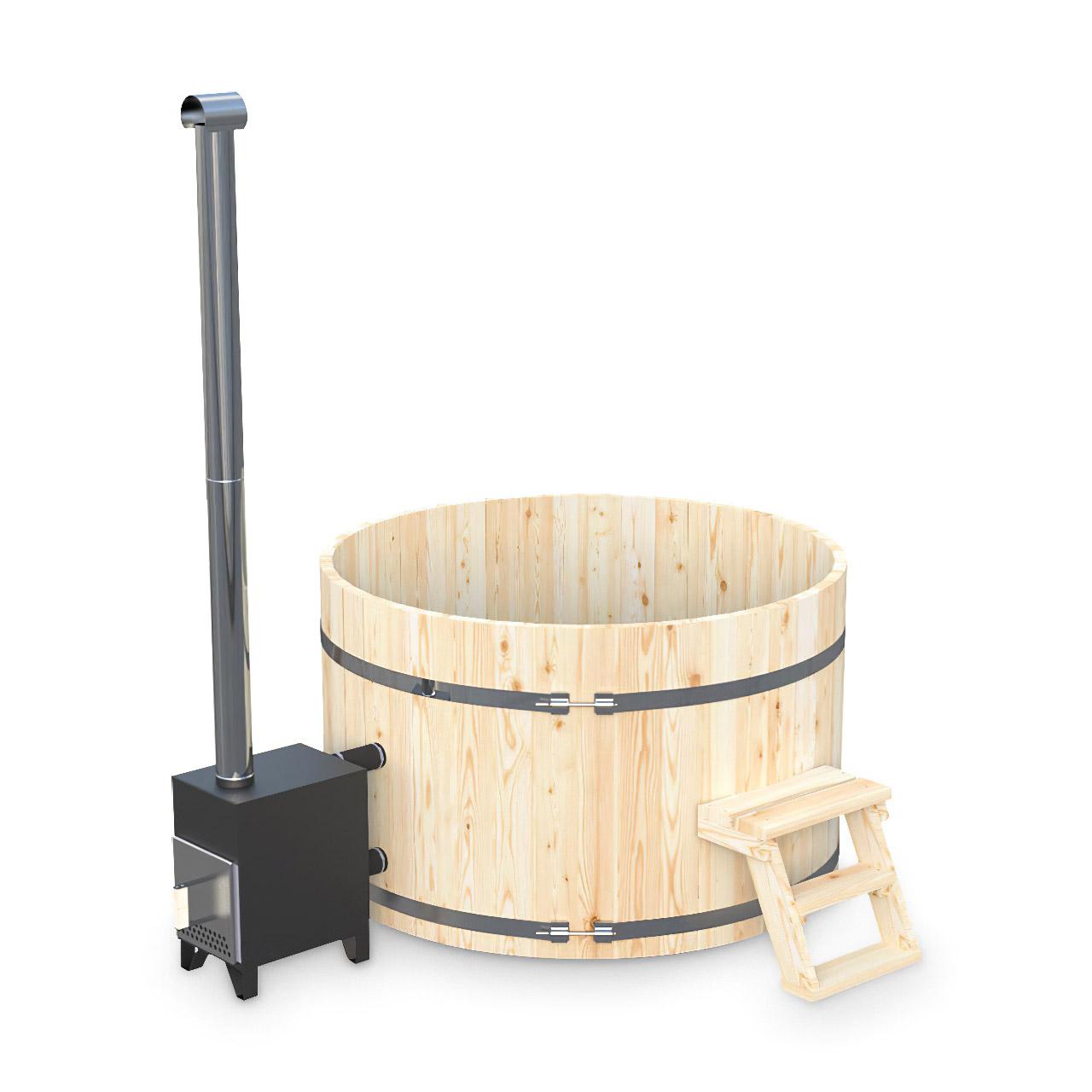 Hot Tub AA-Kaminwelt Badefass DN 1800 mm mit Außenofen - Holz: Fichte - Ofen: Aluminium 27 kW