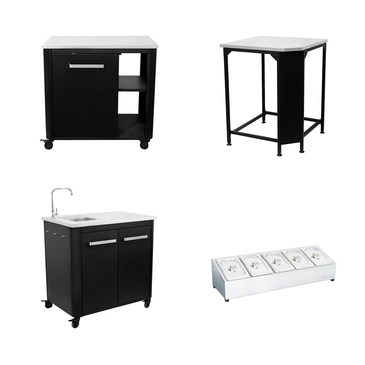 Cozze Outdoorküchen Bundle: Spülenschrank, Schrankmodul mit Gasflaschenhalter, Eckmodul und Topping-Station