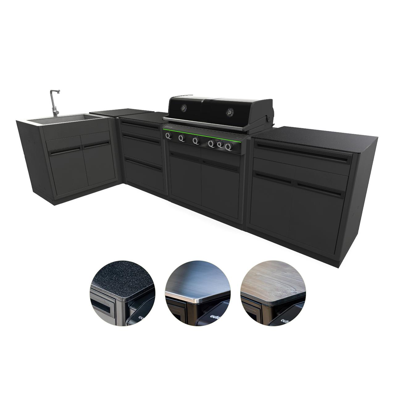 Outdoorküche Outdoorchef Heat X-515 L-Form inkl. Spüle, 3-Schubladenmodul, Schrankmodul & Eckmodul - Arbeitsplatte: Granit
