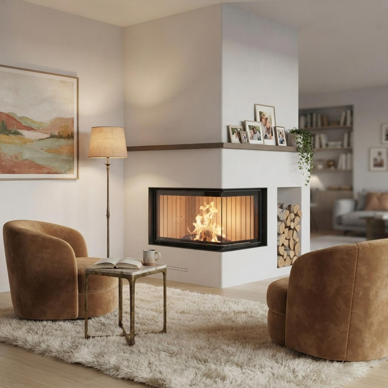 Kamineinsatz wasserführend Brunner Kamin-Kessel Eck 45/67/44 S04.2 rechts, Schiebetür 12 kW - Kessel-Ausführung: Glaskeramik (GK) - Ausführung: Anbaurahmen, schwarz 50 mm